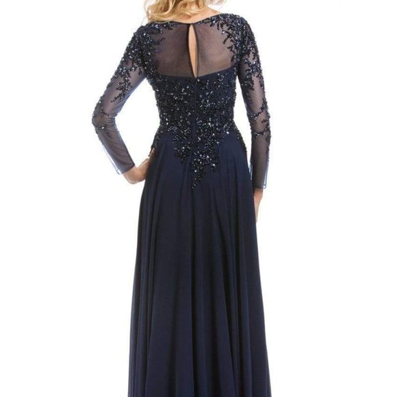 FerianiCouture Long Sleeve Beaded Illusion A-Line Evening Gown - Picture 5 of 6
